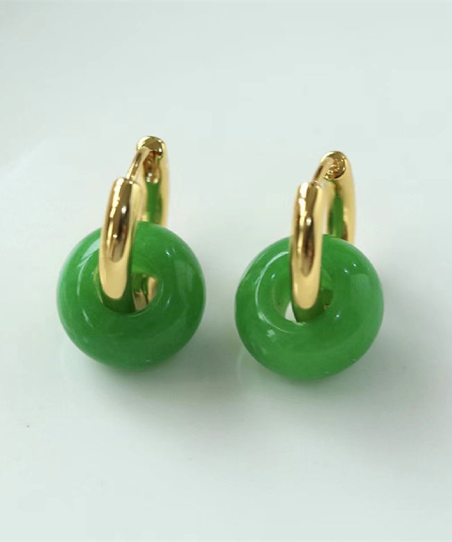 Pendientes de aro de jade con gema dorada en plata de ley azul retro