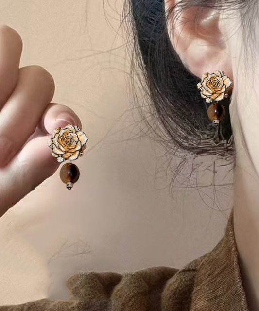 Retro Brown Alloy Resin Floral Drop Earrings