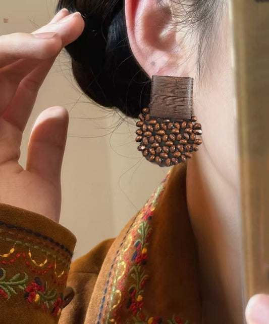 Retro Chocolate Wood Weaving Stud Earrings