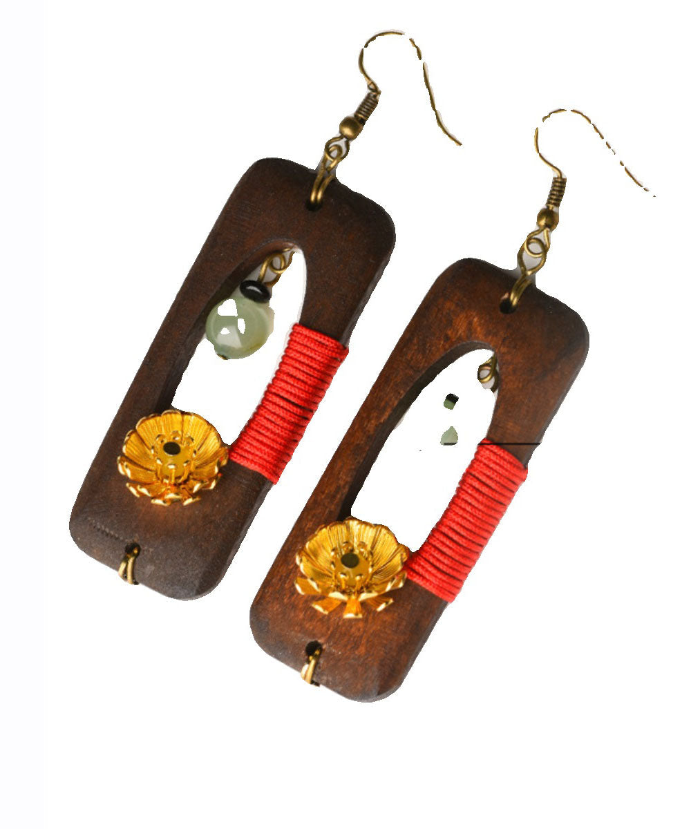 Pendientes colgantes rectangulares de madera con diseño floral de jade y cobre marrón oscuro estilo retro