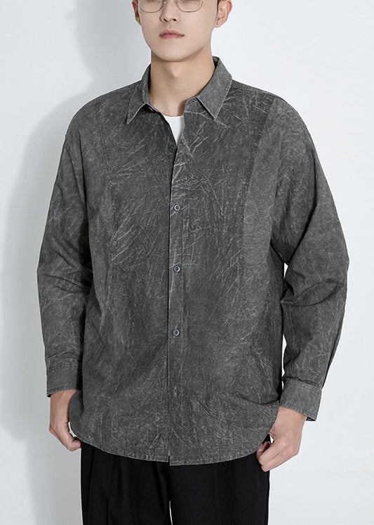Camisas retro de algodón teñido anudado con botones gris oscuro para hombre, manga larga