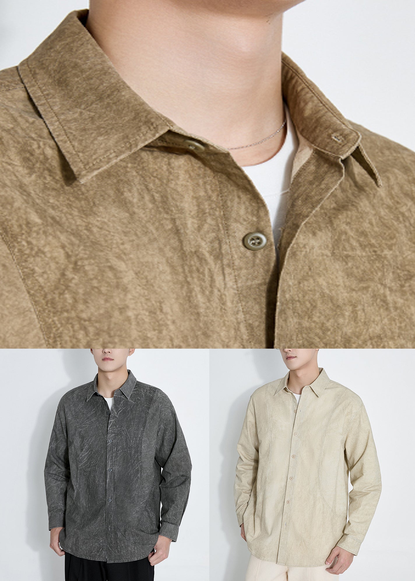 Camisas retro de algodón teñido anudado con botones gris oscuro para hombre, manga larga