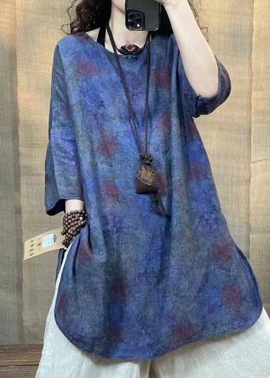 Retro Dunkelviolett Print Leinen Shirt Top Armband Ärmel