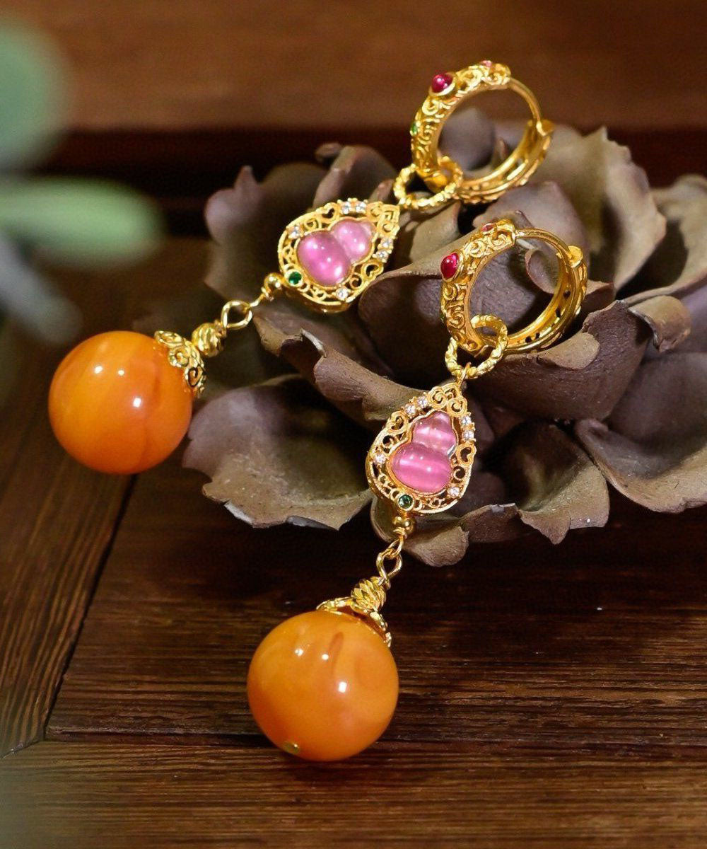 Pendientes colgantes de calabaza de cera de abejas con baño de plata de ley dorada retro