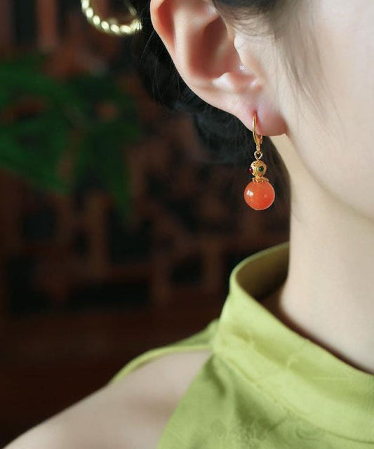 Pendientes colgantes de calabaza con ágata y circonitas doradas en plata de ley retro