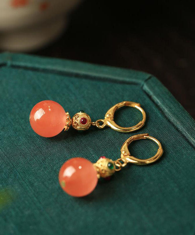 Retro-Ohrhänger aus vergoldetem Sterlingsilber mit Zirkon-Achat und Kalebassenmotiv