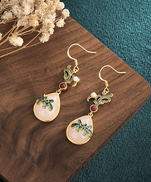Pendientes colgantes de cloisonné con ágata y jade dorado antiguo verde retro