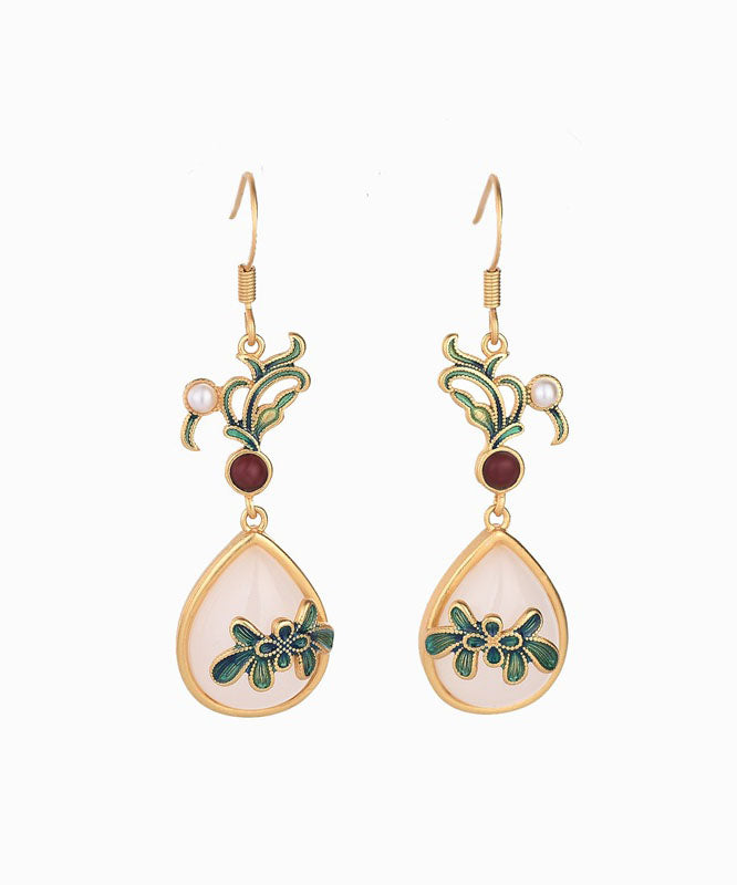Pendientes colgantes de cloisonné con ágata y jade dorado antiguo verde retro