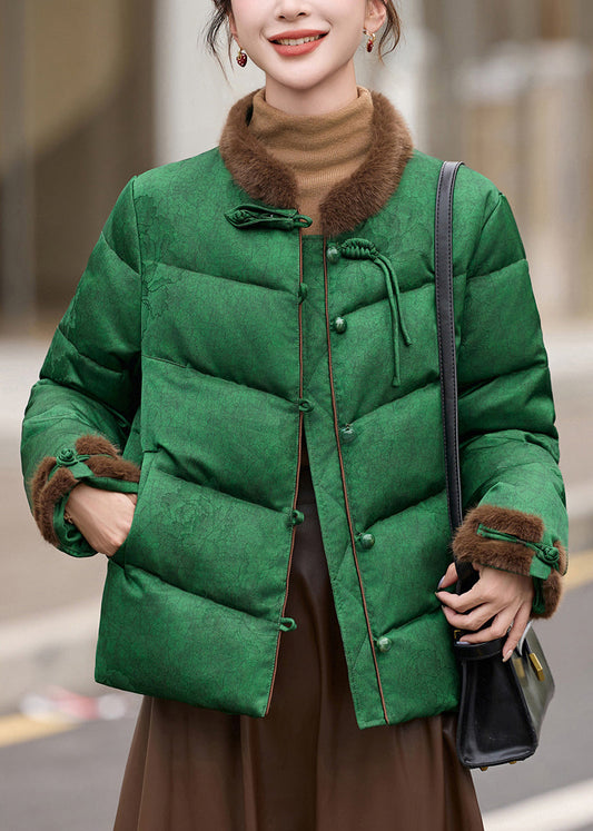 Abrigos de plumón de pato con patchwork y cuello alto verde retro para invierno