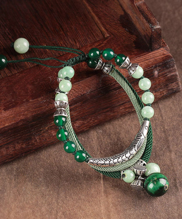 Pulsera retro de plata de ley verde con dije de ojo de tigre y ágata verde jade