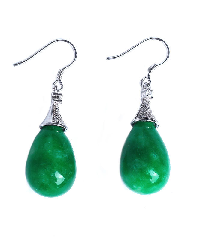 Retro Grüne Sterling Silber Jade Wassertropfen Ohrringe