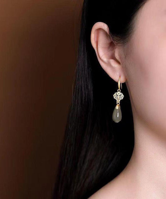 Retro Grüne Sterling Silber Overgild Jade Orchidee Tropfen Ohrringe