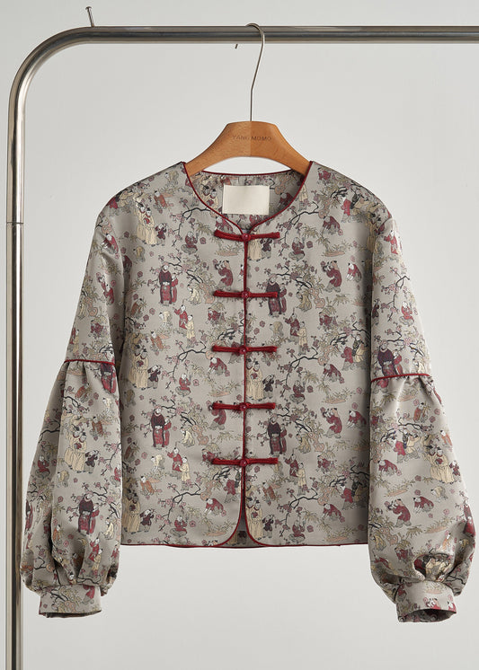 Retro-Jacke aus grauem Oversize-Baumwollstoff mit orientalischem Print für den Frühling