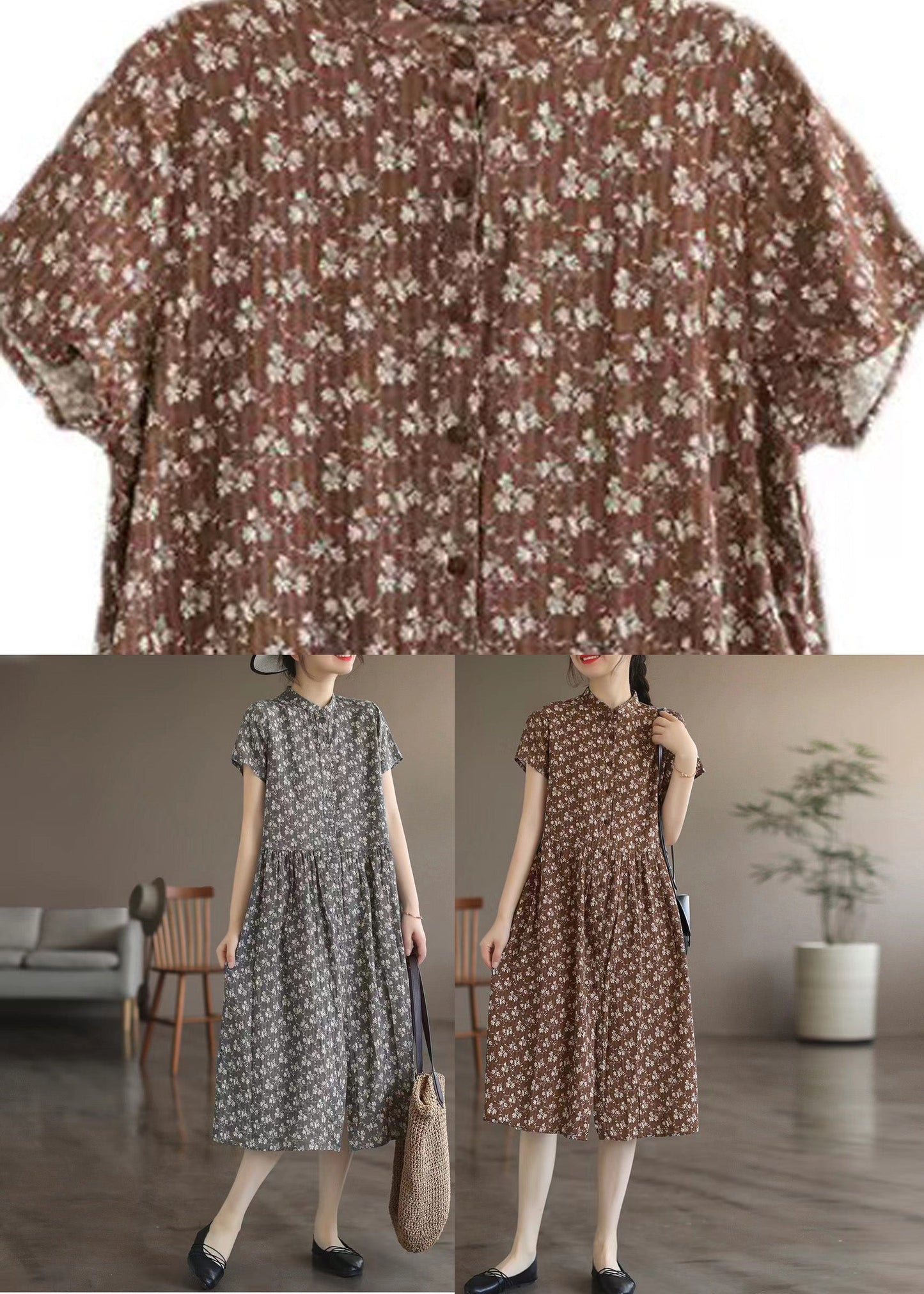 Vestidos largos de verano con cuello alto y estampado retro gris