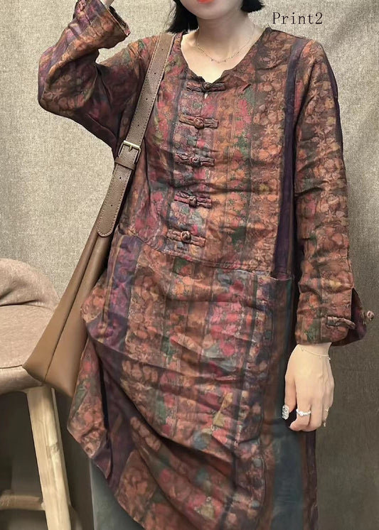 Mittellanger Retro-Leinenrock mit Rundhalsausschnitt und langen Ärmeln