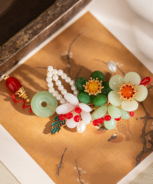 Horquilla retro multicolor de aleación con borla floral y perla de jade