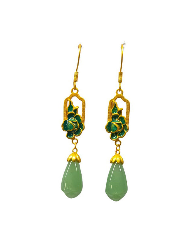 Pendientes retro de gota de agua con esmalte de jade y piedra de ojo de gato dorados en cobre nude