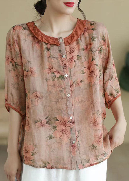 Blusa de lino con estampado retro de volantes en color naranja, botones y patchwork, mangas tipo pulsera