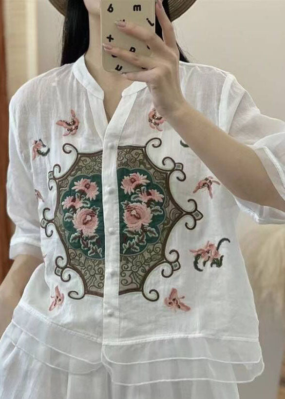 Camisas de lino retro de media manga con cuello en V, botones bordados y patchwork en color naranja