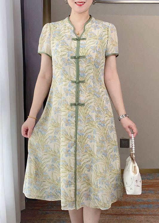 Retro Orange V-Ausschnitt Print Chinesische Knopf Seide Kleid Sommer