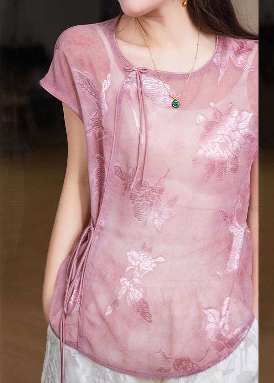 Retro Pink Tie Waist Tulle Shirt Short Sleeve