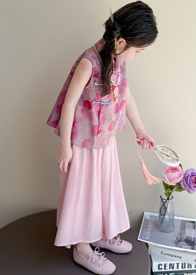 Retro Purple Print Chinese Button Silk Kids Girls Two Piece Set Clothing Summer