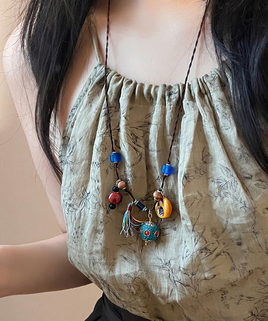 Collar con colgante de cerámica de cera de abejas tejido a mano con arcoíris retro