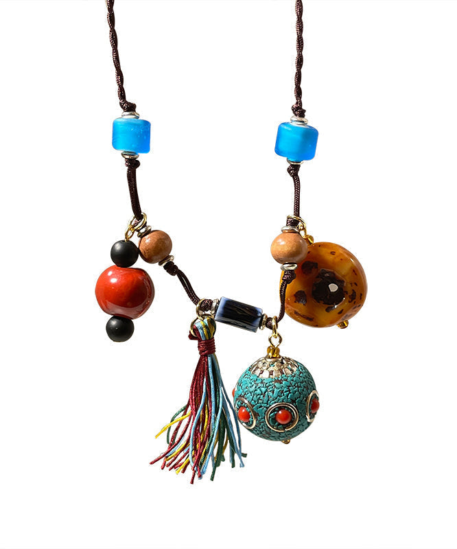 Collar con colgante de cerámica de cera de abejas tejido a mano con arcoíris retro