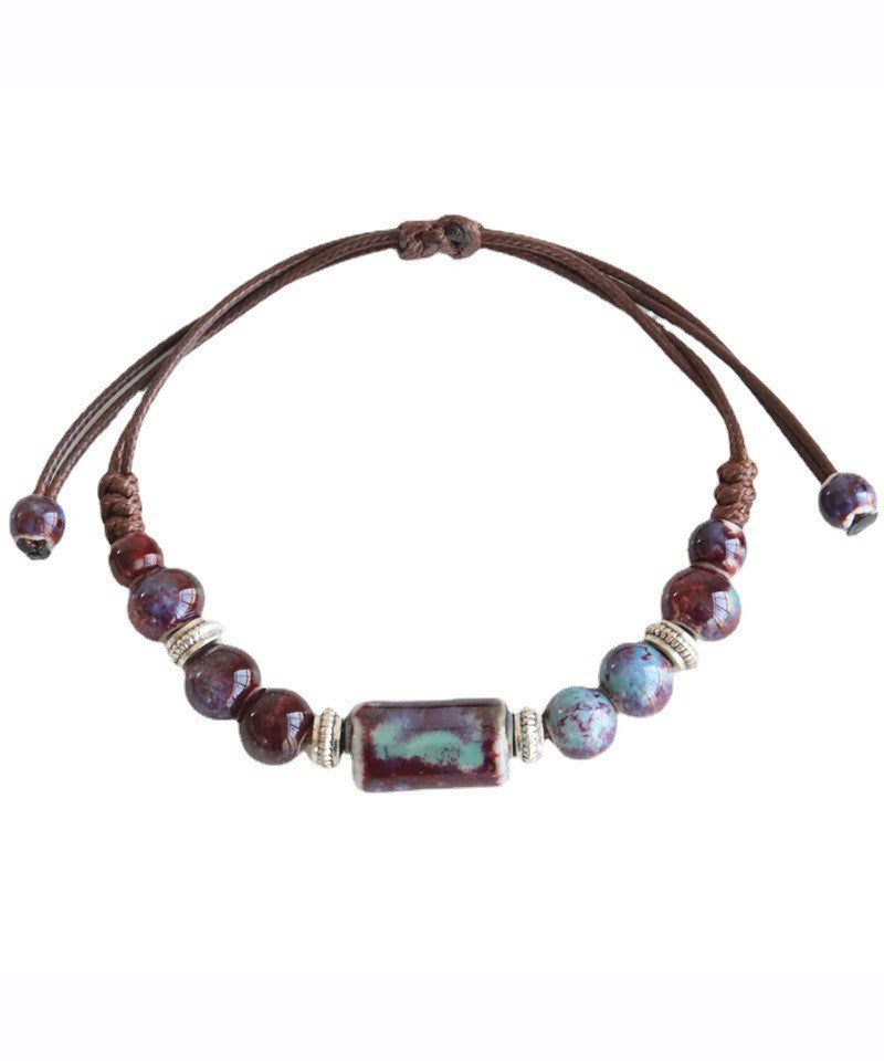 Pulsera ajustable con cuentas de cerámica de aleación roja retro