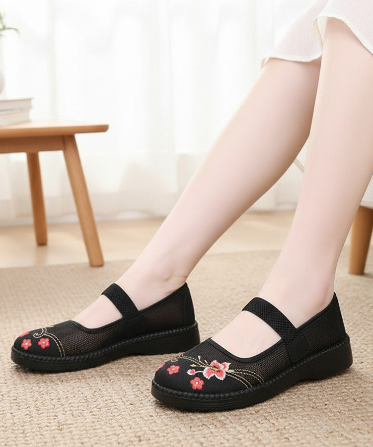 Retro Red Embroidered Tulle Fabric Flat Shoes Lace Up Flat Shoes For Women