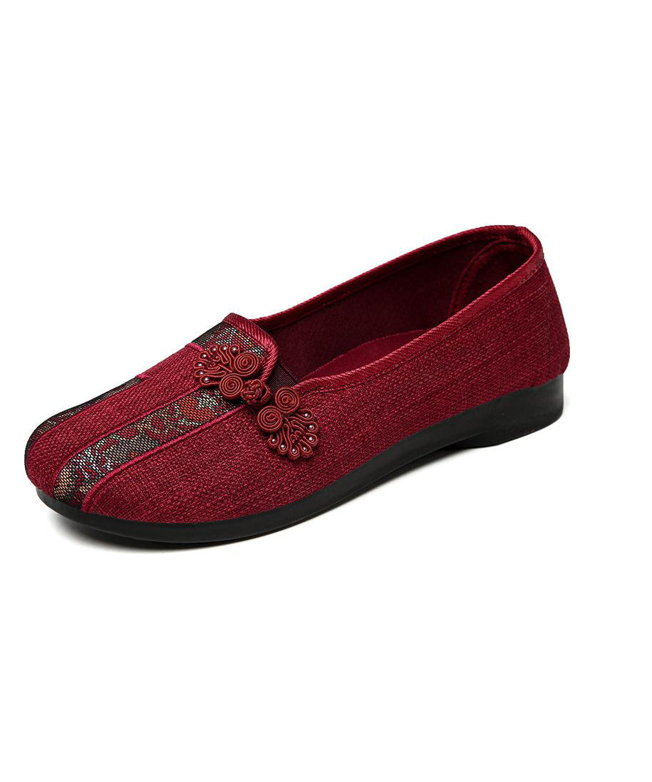 Retro Red Flat Shoes Splicing Embroidered Oriental Button