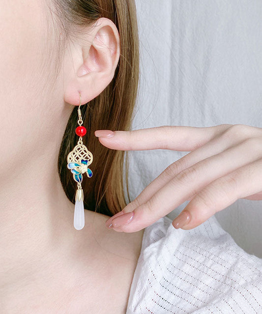 Pendientes colgantes de plata de ley roja retro con esmalte de ágata dorada