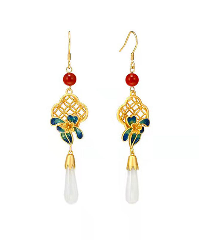 Pendientes colgantes de plata de ley roja retro con esmalte de ágata dorada