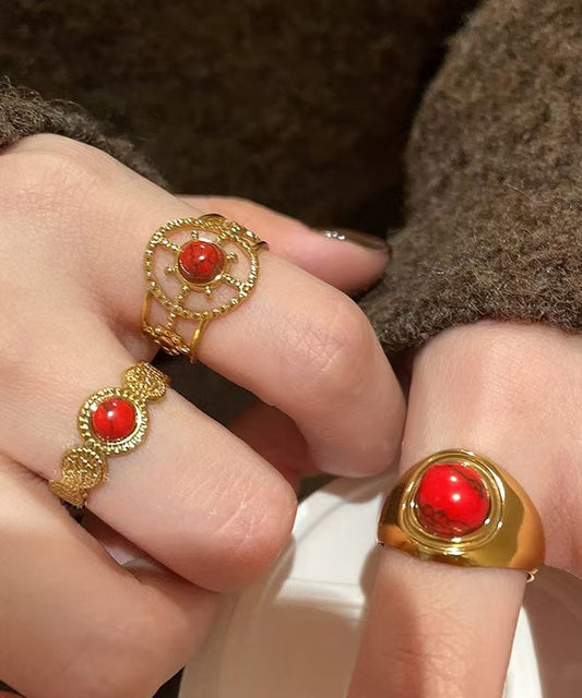 Retro Red Sterling Silver Overgild Hollow Out Agate Rings Two Piece Set