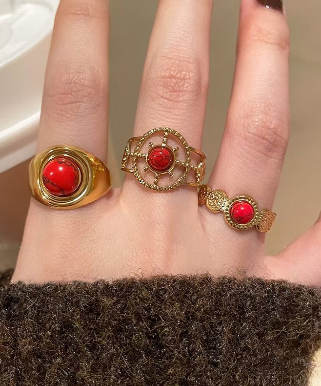 Retro Red Sterling Silver Overgild Hollow Out Agate Rings Two Piece Set