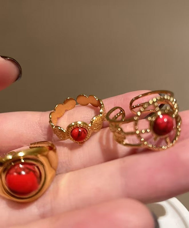 Retro Red Sterling Silver Overgild Hollow Out Agate Rings Two Piece Set
