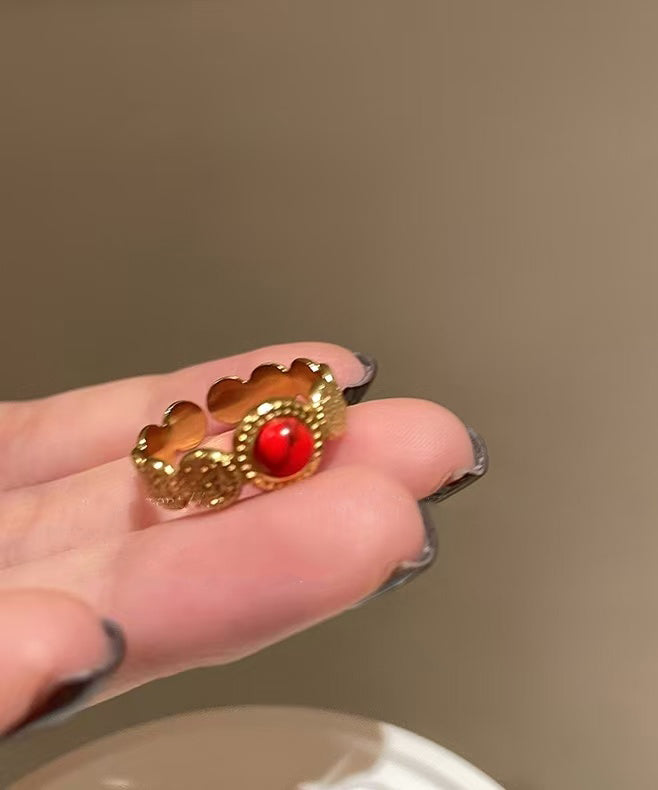 Retro Red Sterling Silver Overgild Hollow Out Agate Rings Two Piece Set