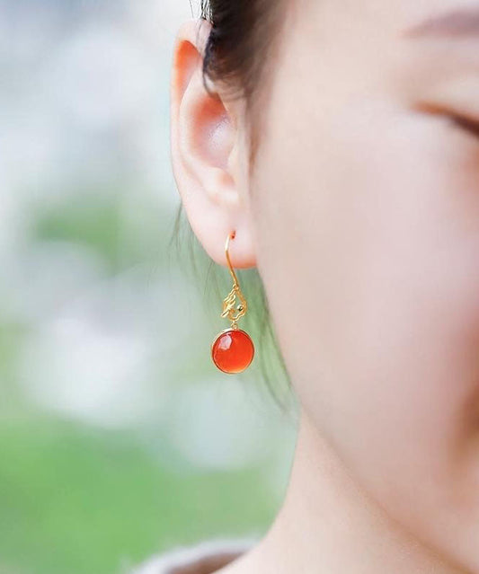 Pendientes colgantes retro de plata de ley roja con incrustaciones de gemas doradas