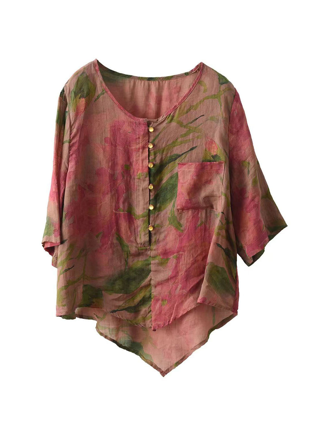 Retro Rose O Neck Asymmetrische Print Leinen Top Sommer