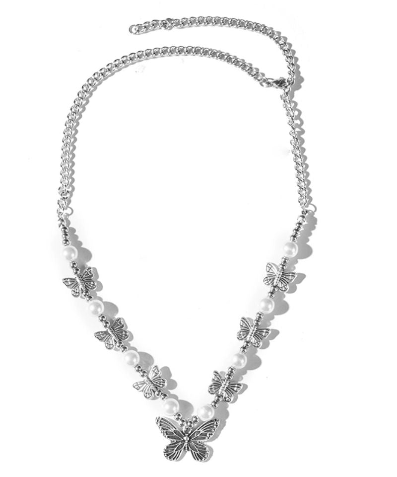 Collar con colgante de mariposa de perla de acero inoxidable y seda retro