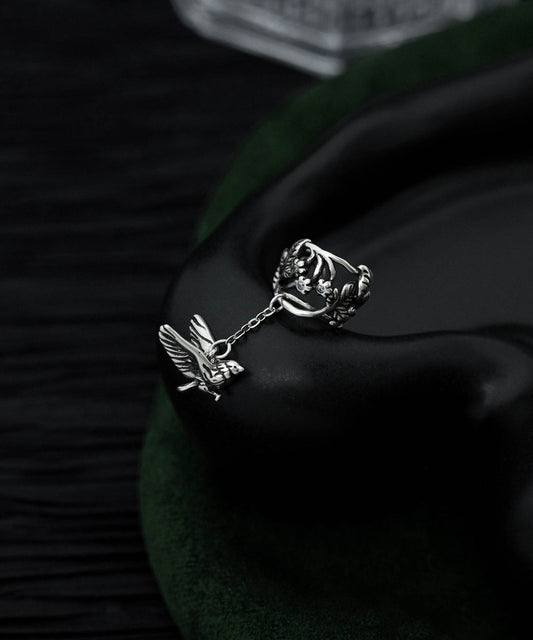 Retro Silk Sterling Silver Floral Flying Bird Hollow Out Tassel Single One Drop Earrings