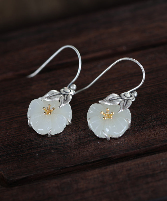 Retro Seide Sterling Silber Intarsien Jade Floral Tropfen Ohrringe