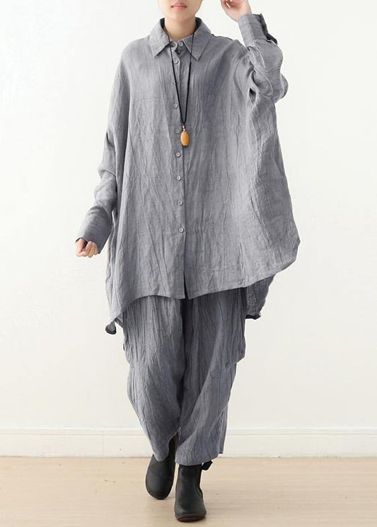 Retro gray long-sleeved shirt loose plus size lapel top 20212021 new women's clothing - SooLinen