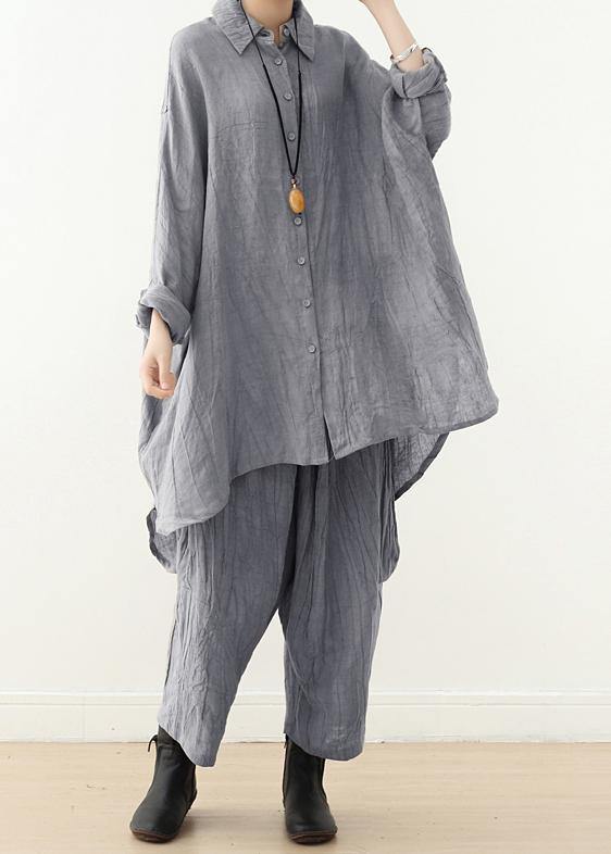 Retro gray long-sleeved shirt loose plus size lapel top 20212021 new women's clothing - SooLinen