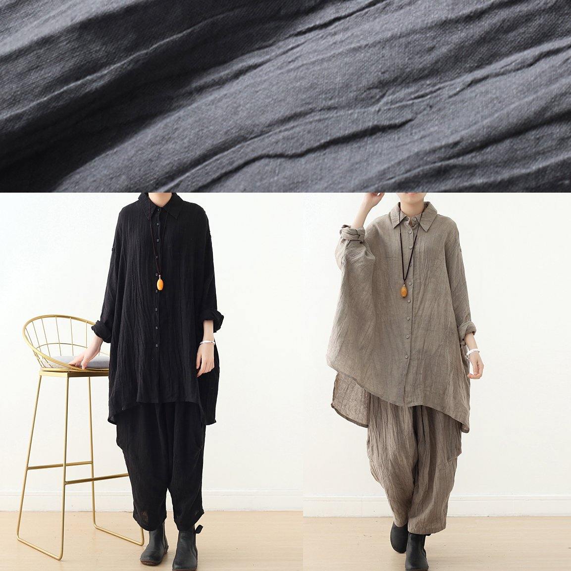Retro gray long-sleeved shirt loose plus size lapel top 20212021 new women's clothing - SooLinen