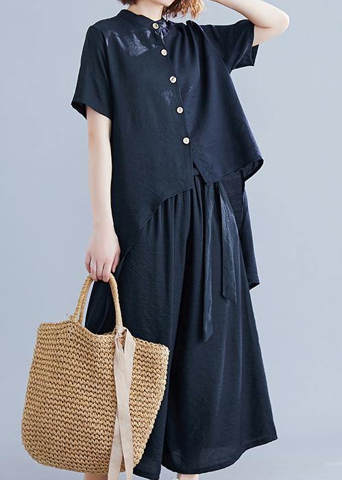 Retro suit silk hemp irregular short-sleeved shirt + elastic waist strap wide leg pants black was thin - SooLinen