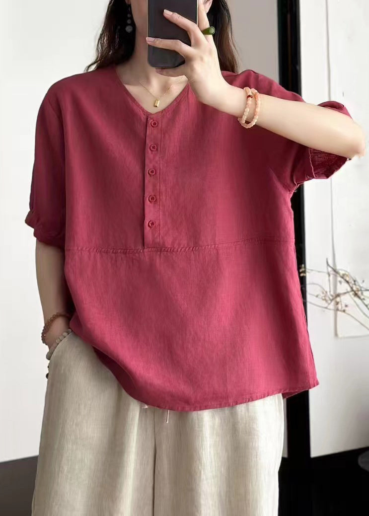 Rose Button Patchwork Loose Linen Summer Shirts V Neck