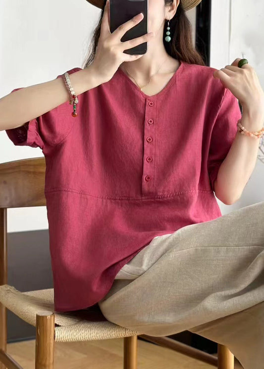 Rose Button Patchwork Loose Linen Summer Shirts V Neck