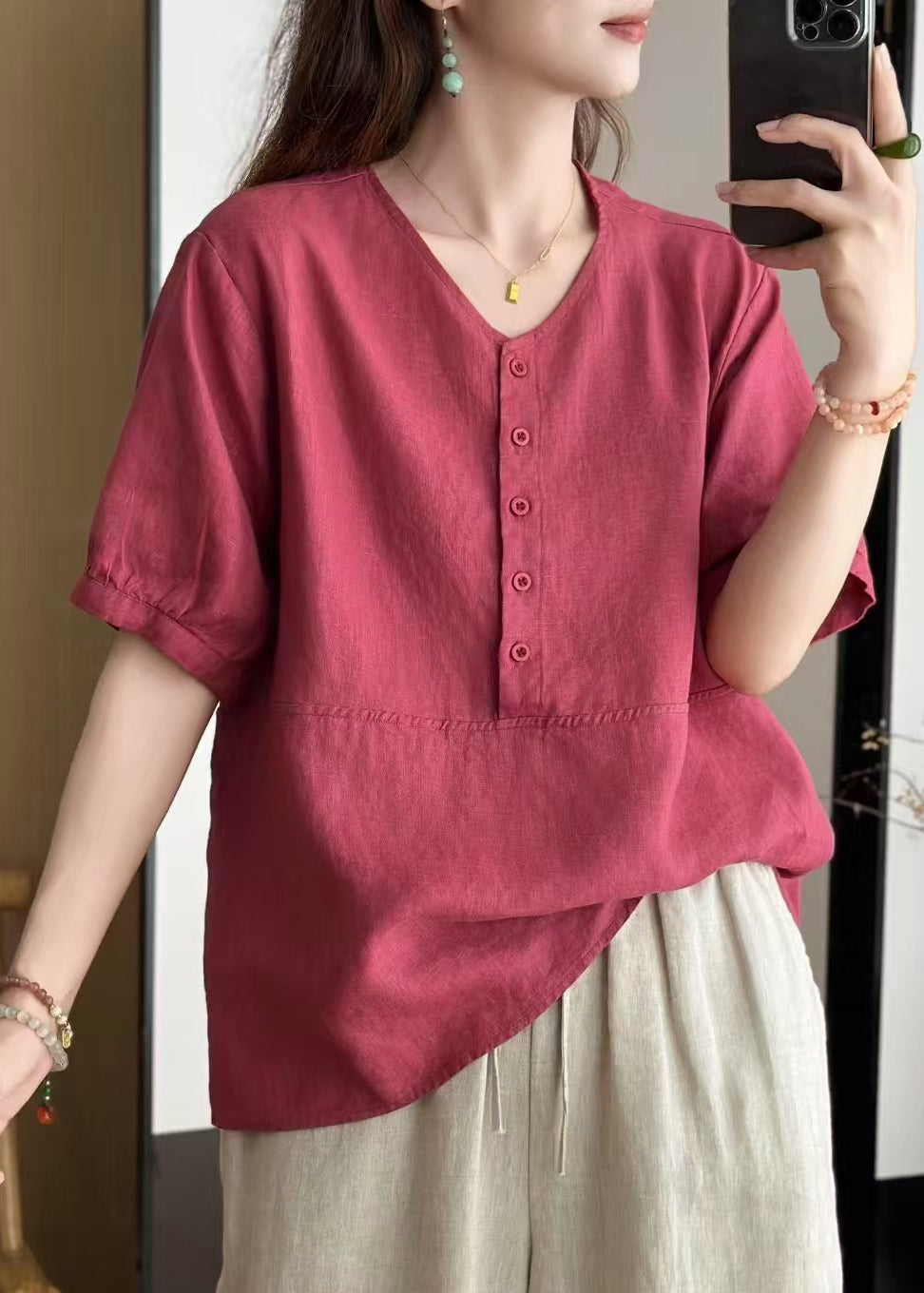 Rose Button Patchwork Loose Linen Summer Shirts V Neck