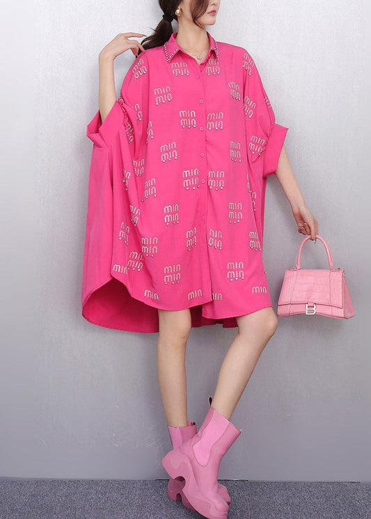 Rose Letter Zircon Shirt Dress Oversized Batwing Sleeve